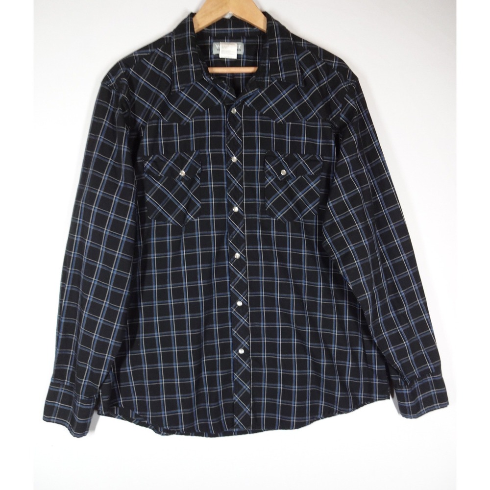 Wrangler Button Down Mens XL Black Plaid Wrancher Western Pearl Snap MTW1354